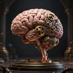 ultrarealistic steam punk neural network machine in the shape of a brain, placed on a pedestal, covered with neurons made of gears. dramatic lighting. # unrealengine