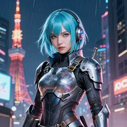 An epic fantastic realism comic book style portrait painting of a female cyber ninja, dieselpunk armor,  asian channel girl,  light blue cyan hair, porcelain pale skin, cyberpunk color raining tokyo everywhere, Concept world Art,  unreal 5, DAZ, hyperrealistic, octane render, cosplay, RPG portrait, dynamic lighting