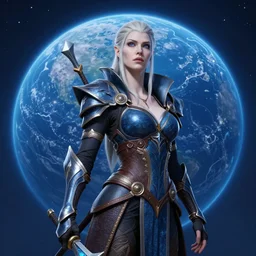 hyperrealist cinematic of sylvanas windrunner on a blue planet. by bayard wu, fantasy, photorealistic, octane render, unreal engine, dynamic lighting, trending on artstation, poster, volumetric lighting, very detailed faces, 4 k, award winning