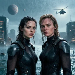 cinestill 5 0 d candid photographic portrait by christopher nolan of two loving female androids wearing rugged black mesh techwear in treacherous waters, flooded city, clear sky with planets, helicopter, medium closeup, modern cyberpunk moody cinematic, pouring iridescent rain bright spotlight, 8 k, hd, high resolution, 3 5 mm, f / 3 2, ultra realistic faces, ex machina