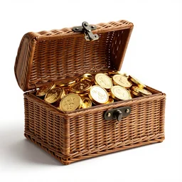 wicker treasure chest overflowing with gold, photorealistic, isolated on a pure white background, centered, entire object in frame, sharp focus, soft studio lighting