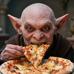 closeup portrait of a medieval goblin eating pizza, depth of field, zeiss lens, detailed, symmetrical, centered, fashion photoshoot, by Annie Leibovitz and Steve McCurry, David Lazar, Jimmy Nelsson, Breathtaking, 8k resolution, extremely detailed, beautiful, establishing shot, artistic, hyperrealistic, beautiful face, octane render