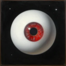 an oil painting of a white smooth sphere with a bleeding red eyeball, by hieronymus bosch, dark starry background