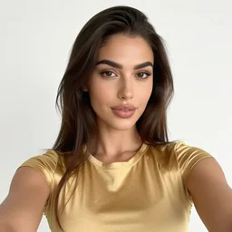 a selfie portrait a brunette female, young, athletic, australian, wearing a gold tshirt in a studio