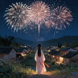 a beautiful picture of fireworks at night, village, a girl in hanfu, by greg rutkowski and thomas kinkade, trending on artstation