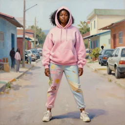 yolandi visser in the style of martine johanna and donato giancola, wearing a hoodie, standing in a township street, street fashion outfit,!! haute couture!!, full figure painting by john berkey, david choe, ismail inceoglu, pastel color palette, sharp focus, detailed impasto, intricate, 2 4 mm lens