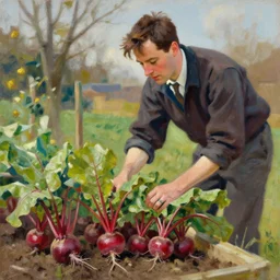 dwight schrute gardening, beets!!!, painting by jc leyendecker!! phil hale!, angular, brush strokes, painterly, vintage, crisp