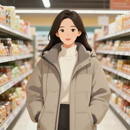 the portrait a grocery young asia woman in down jacket, the background is a grocery store, winter, rural northeast an ultrafine hyperdetailed illustration by kim jung gi, irakli nadar, intricate linework, bright colors, octopath traveler, final fantasy, unreal engine 5 highly rendered, global illumination, radiant light, detailed and intricate environment