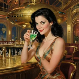 beautiful woman with black hair and green eyes, smirking. she is wearing a cocktail dress. she is in the bar of the atlantis paradise drinking absinthe, a retro futuristic spaceship made of brass, art deco influence, hotel style design. painting by artgerm and greg rutkowski.
