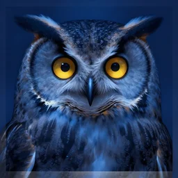 artstation, sharp focus, blue night lighting, symmetrical, cgsociety, art by greg rutkowski, highly detailed, bright golden eyes in the night, alphonse mucha, closeup portrait of a gray owl, concept art, digital painting, illustration, album cover art, cinematic lighting