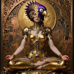 photo of a meditating beautiful female steampunk half cyborg with a elaborate parrot mask, lotus position, mudras with hands, artwork by james jean, realistic gold and purple metallic, blue eyes, jean delville, art nouveau, gustav klimt, ornate copper patina gothic icon, james jean, hyperdetailed photorealistic octane render, long shot,