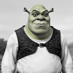 black and white image of shrek as colonel kurtz, in apocalypse now