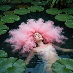 1 9 7 6 woman with huge pink candy floss hair floats in a pond, surrounded by a detailed forrest of lily leaves, deep focus, intricate, elegant, highly detailed, matte, sharp focus, photography of gregory crewdson