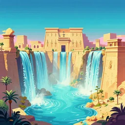 ancient egyptian cityscape with waterfalls, retrowave epic art, trending on art station