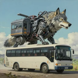 Transformer hybrid of bus and wolf, having cabin if form of wolf head and long body of bus with wheels and windows, mechanical form of life, oil on canvas, fantasy, digital painting, concept art, smooth, sharp focus, illustration, artstation trending, octane render, unreal engine, Ghibli, anime style