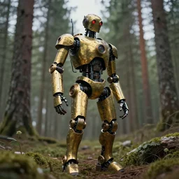 steampunk robot standing in a swedish forest, very low angle photograph, brass plates, trending on artstation, realistic, soft colors, simon stålenhag