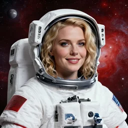 highly detailed portrait of a hopeful pretty astronaut lady with a wavy blonde hair, by james gilleard, by dustin nguyen, by greg rutkowski, by konstantin yuon, by kaws, by kate beaton, 4 k resolution, nier : automata inspired, bravely default inspired, vibrant but dreary but upflifting red, black and white color scheme!!! ( ( space nebula background ) )