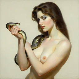 a painting of a woman holding a snake, concept art by frank frazetta, cgsociety, fantasy art, concept art, poster art, d & d, feminine