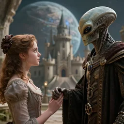 detailed, sharp, a girl greeting an humanoid alien king, wearing 1850s era clothes, in a castle on an alien planet, extremely highly detailed, in focus faces, still from a period sci fi color movie, 8k, HD, good lighting
