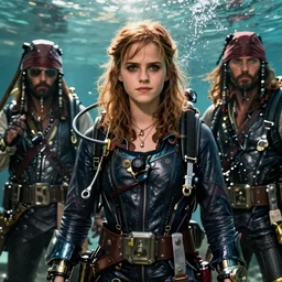 detailed ultrarealistic photography front medium shot of waterworld, pirate mad max, postapocalyptic, scifi cyberpunk heroic scubadiver, emma watson girl, leyendecker, norman rockwell, greg rutkowski, moebius, artstation cinematic, vray game of thrones, lord of the rings