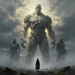stone humanoid colossus by grzegorz rutkowski and richard wright and peter mohrbacher and dan scott, atmospheric haze, stormy, tundra, tiny woman in cloak in foreground silhouette, large scale