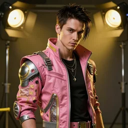 cyberpunk photorealistic character, tech wear outfit, wearables, actor, dramatic arts, theater, handsome, pink and yellow, edgy, piercing, keanu reaves lookalike, awe inspiring, artstation hd, 8 k, detailed, intricate, ornate, studio lights, golden ratio, masterpiece