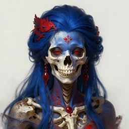 stunning deep blue and red goddess of skull portrait, skull, bones, dirt, fantasy, intricate, elegant, highly detailed, digital painting, artstation, concept art, smooth, sharp focus, illustration, art by afshar petros and krenz cushart and artem demura and tony sandoval