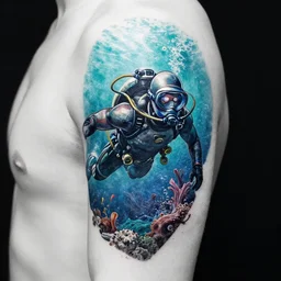 cyberpunk underwater diver tattoo design, on white skin, by artgerm
