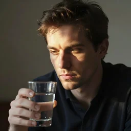 a man thinking deeply in front of a glass of water