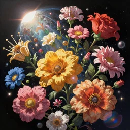 An epic fantastic realism comic book style painting of the most beautiful flowers launched into space, bouquets, lens flare, fisheye lens, unreal 5, DAZ, hyperrealistic, octane render, dynamic lighting