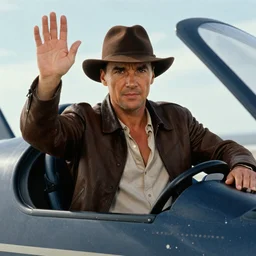 portait of kit harington as indiana jones in top gun, waving from cockpit