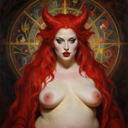 hyper realistic painting of the red witch, detailed and perfect face, perfect and proportional but slightly overweight body, in the style of wayne barlowe, gustav moreau, qoward, gaston bussiere and roberto ferri, santiago caruso, and austin osman spare, bouguereau, mucha, saturno butto, sorayama occult art, alchemical diagram