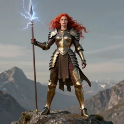full - body matte portrait of a voluptuous red haired valkyrie in a heroic pose and wearing thick bronze plate armor at the top of a mountain holding a spear made of lightning, art by albert bierstadt, alphonse mucha, andreas rocha, greg rutkowski, sharp edges. ultra clear detailed. 8 k. elegant. octane render
