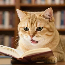 portrait photography of an intellectual yellowish cat studying in a library, hissing, concentrated reading a book, studio lighting, wearing cute accessories, face shot, highly detailed fur, trending on pinterest.