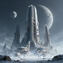 epic concept art matte painting by weta digital, towering abandoned alien superstructure, frozen exoplanet with two moons, george lucas, mohrbacher, cgisociety