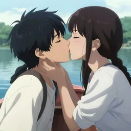 girl kissing a boy in a boat in the lake. | very very anime!!!, fine - face, audrey plaza, realistic shaded perfect face, fine details. anime. realistic shaded lighting poster by ilya kuvshinov katsuhiro otomo ghost - in - the - shell, magali villeneuve, artgerm, jeremy lipkin and michael garmash and rob rey