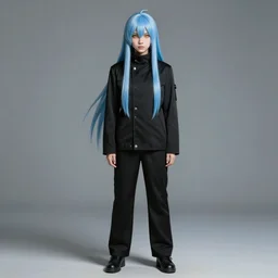 full body shot of rimuru tempest, sky blue straight hair, long bangs, with amber eyes, wearing a black jacket, high collar, ultra detailed, concept art, award winning photography, digital painting, cinematic, wlop artstation, closeup, pixiv, evil, yoshitaka amano, andy warhol, ilya kuvshinov,