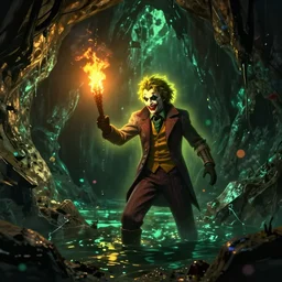 skyrim screenshot of the joker delving into a dark watery cave, holding a flaming torch. dimly lit surroundings, green ghastly atmosphere, bright yellow character halo. 8 k octane render, enb, bokeh, ambient occlusion, realistic lighting, 4 k textures, enhanced fx.