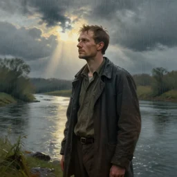a man standing next to a river and it's raining by greg rutkowski