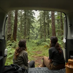looking out of the back of a van, two women camping, elegant scene, low angle, wide angle, indian forest, wide angle, cinematic, ultrarealistic, trending on artstation, cgsociety, highly detailed, color graded, rendered in unreal engine 4 k hq, matte painting, by simon stalenhag and hudson river school, horizon forbidden west