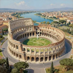 a colosseum like arena with it's central land part surrounded by water, view from the sky, detailed painting, 8 k