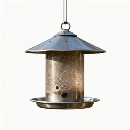 enamel bird feeder, photorealistic, isolated on a pure white background, centered, entire object in frame, sharp focus, soft studio lighting