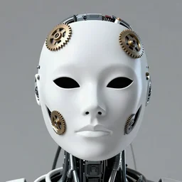 cyborg removing her human mask revealing wires and gears behind her face, white mask, futuristic, y2k aesthetic, dramatic lighting, illustration by Greg rutkowski, yoji shinkawa, 4k, digital art, concept art, trending on artstation