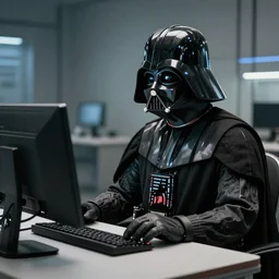 a darth vader using a computer