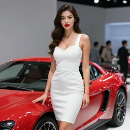 A sexy supermodel, photorealistic, hyperrealistic, voluptuous, red lipstick, white dress, standing next to a Red TVR Sagaris, HDR, 50mm, volumetric lighting, bokeh, studio soft lighting, professional photography