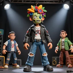 bodyshot of a zombie punk rock teenager, leather jacket, ripped jeans, head made of fruit gems and flowers in the style of arcimboldo, basil wolverton, street art, action figure, clay sculpture, claymation, wide angle zoom lens, dramatic stage spotlight lighting