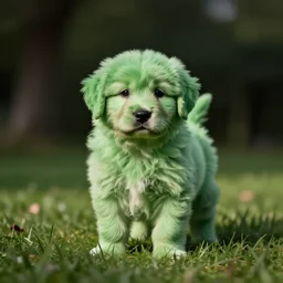 adorable green fluffy puppy on grass