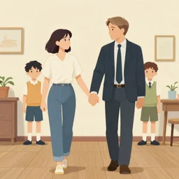 portrait of Mads Mikkelsen and Hugh Dancy holding hands romantically as they chaperone school dance by Michael Whelan, Bob Larkin and Tomer Hanuka, simple illustration, domestic, nostalgic, clean, full of details, by Makoto Shinkai and thomas kinkade, Matte painting, trending on artstation and unreal engine, New Yorker magazine cover, 1980s romance book cover