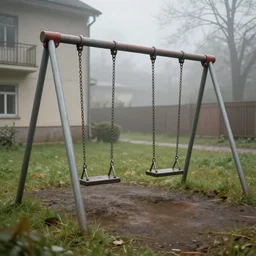 old playground swings set in the yard near the building, misty background, from the game pathologic 2, highly detailed, sharp focus, matte painting, by isaac levitan and asher brown durand,