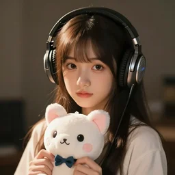 cute fumo plush of a girl with studio headphones, anime girl, vray